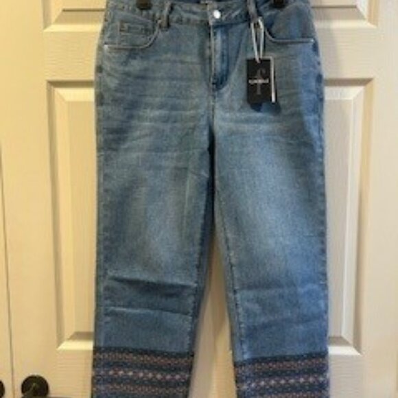 Flamingals Wash Embroidery Raw Hem Mid Rise Straight Leg Crop Jeans Size L - Picture 1 of 9